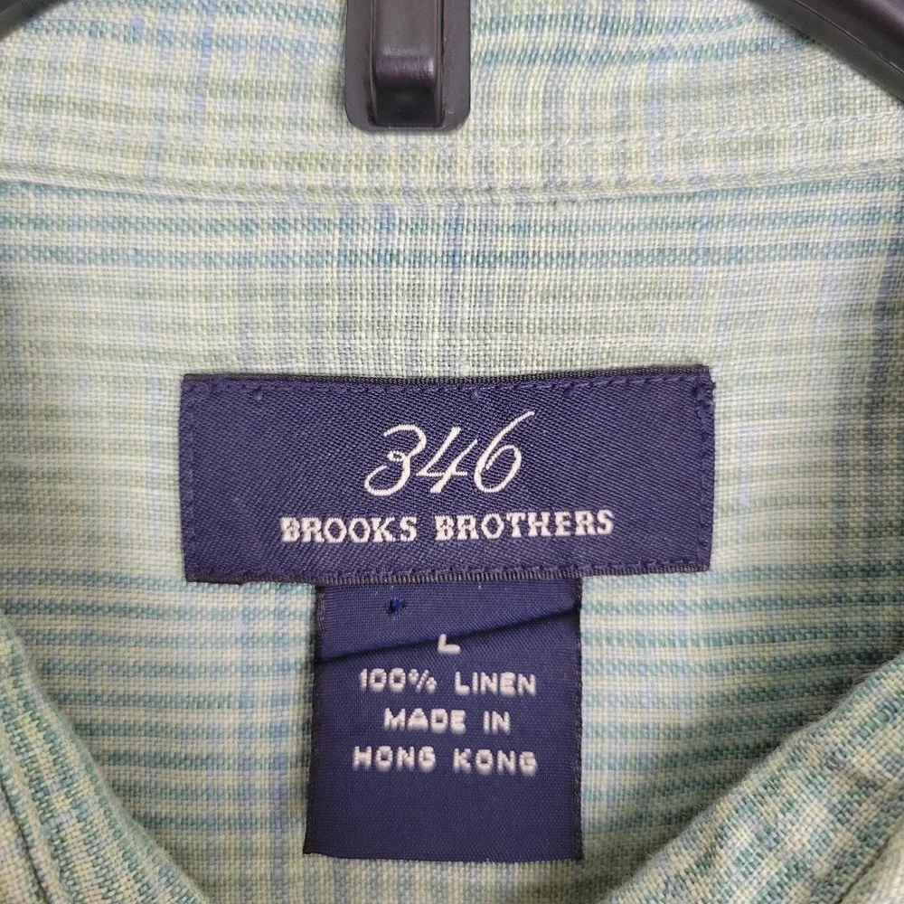 Brooks Brothers 346 Men's L Green Plaid 100% Linen Short Sleeve Button-Up Shirt